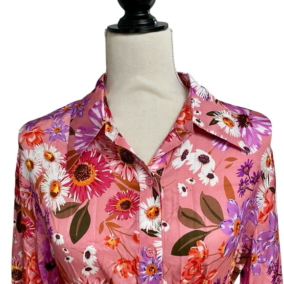 Rachel Parcell Pink Floral Shirt Dress Belted Tiered Ruffle Hem Long Sleeve 6 - Picture 5 of 16